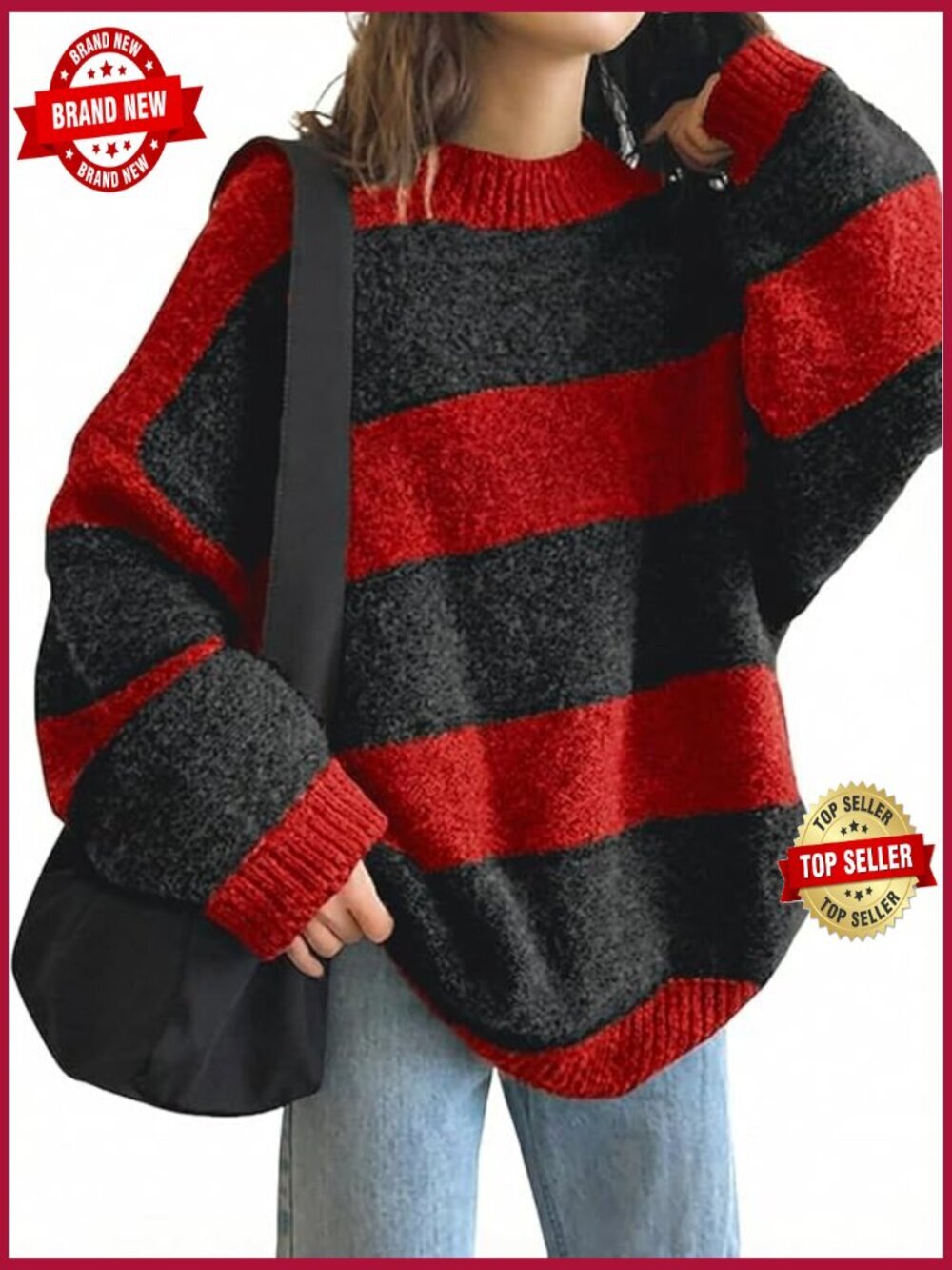 Oversized Striped Knit Pullover Sweater Crewneck Long Sleeve Tops